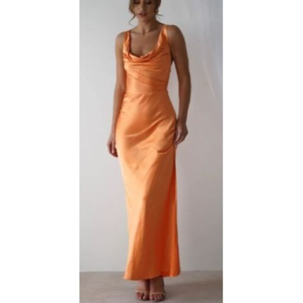 Orange Satin Maxi Dress with Cowl Neck